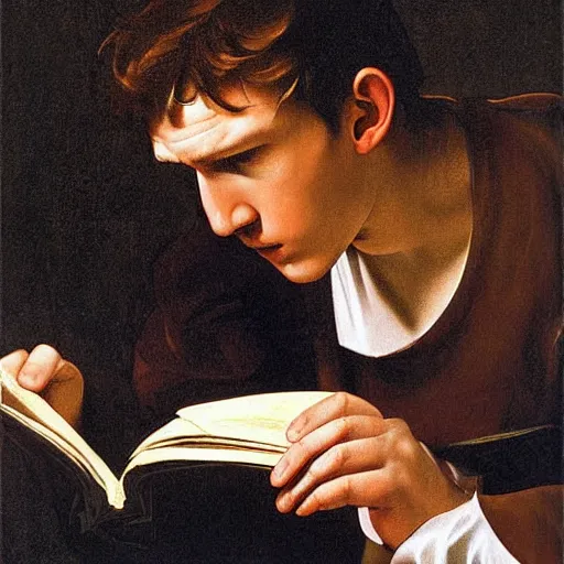 Image similar to Tom Holland reading a book. Painted by Caravaggio, high detail