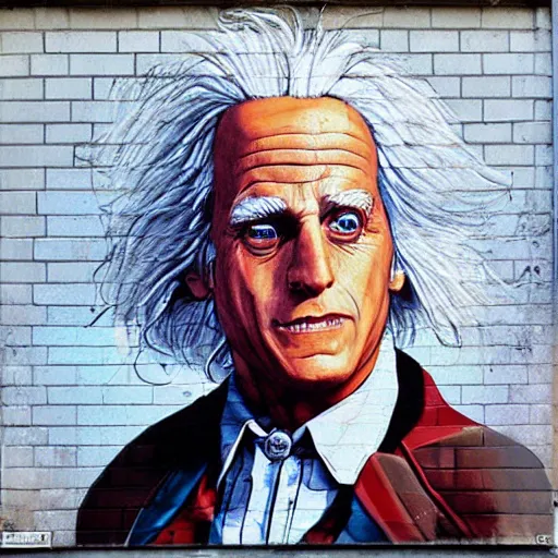 Image similar to Street-art portrait of doctor Emmett Brown from back to the future movie in style of Etam Cru