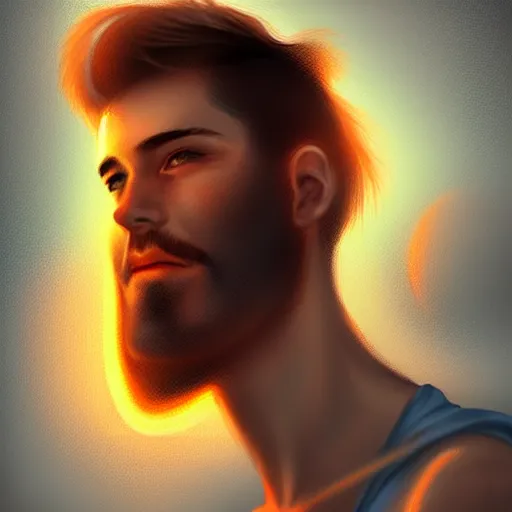 Prompt: young man with a light beard, beautiful sunset, high definition, concept art, digital painting, art by Bowater and Charlie