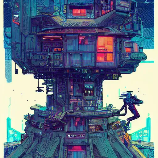 Image similar to Stunningly intricate illustration of an explorer playing video games in his treehouse, wearing cyberpunk headpiece, highly detailed, midnight, by Josan Gonzalez and James Gilleard , Moebius, Laurie Greasley