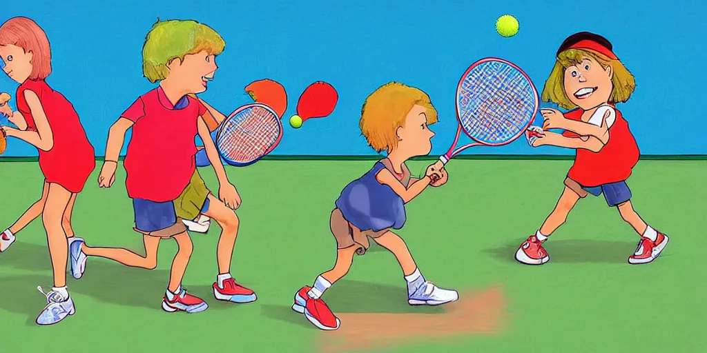 Image similar to digital art of anatomically correct kids playing tennis by quino