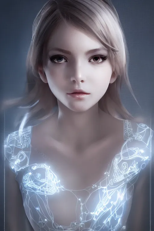 Prompt: classy elegant sophisticated very up close portrait of a cute dainty girl, cyber future white tights, ultra detailed wire decoration, big eyes, fantasy art by nixeu and guweiz and sam yang, sleek curves, intricate sharp focus, trending on artstation hq, deviantart, pinterest, unreal engine 5, 4 k uhd image
