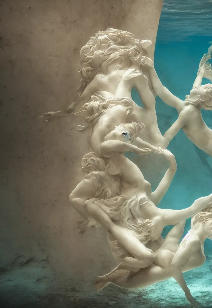 Image similar to an underwater dance. complementary colors. national geographic. 8 k, rendered in octane, smooth gradients. soft natural volumetric cinematic light. subsurface scattering. sculpture by antonio canova.