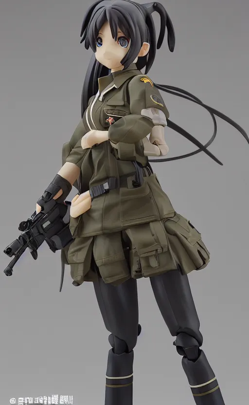 Image similar to toy design, school uniform, portrait of the action figure of a girl, girls frontline style, anime figma figure, studio photo, flight squadron insignia, realistic military gear, 70mm lens, round elements, photo taken by professional photographer, by shibafu, trending on facebook, symbology, anime character anatomy 4k resolution, matte, empty hands, realistic military carrier, forest