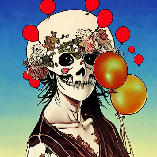 Image similar to anime manga skull portrait girl female skeleton holding balloon clouds in background illustration detailed patterns art Geof Darrow and Phil hale and Ashley wood and Ilya repin alphonse mucha pop art nouveau