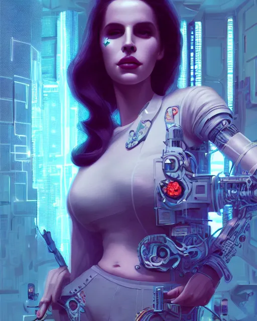 Prompt: portrait of lana del rey as a cyberpunk cyborg. roses, sci - fi, missing panels, intricate abstract, upper body, intricate artwork, by tooth wu, wlop, beeple, dan mumford. concept art, 8 k octane render, deviantart, greg rutkowski, cinematic, key art, hyperrealism, iridescent accents