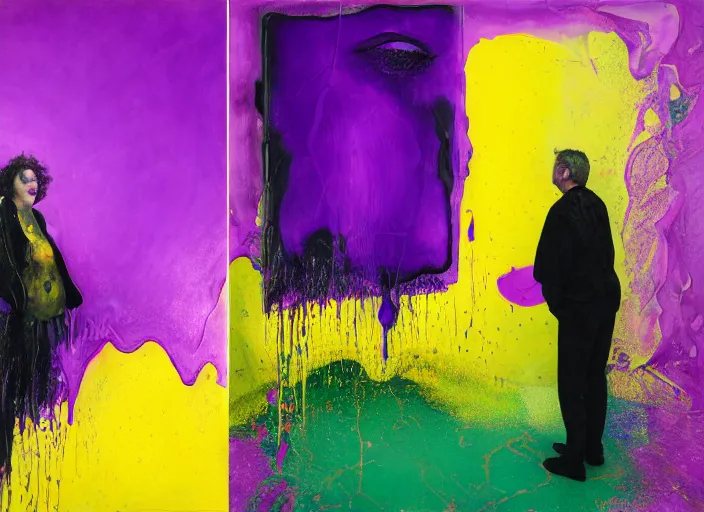 Image similar to abstract painting in purple, yellow, dark green, by hernan bas and pat steir and hilma af klint, psychological, photorealistic, dripping paint, washy brush, oil on canvas, rendered in octane, altermodern, masterpiece