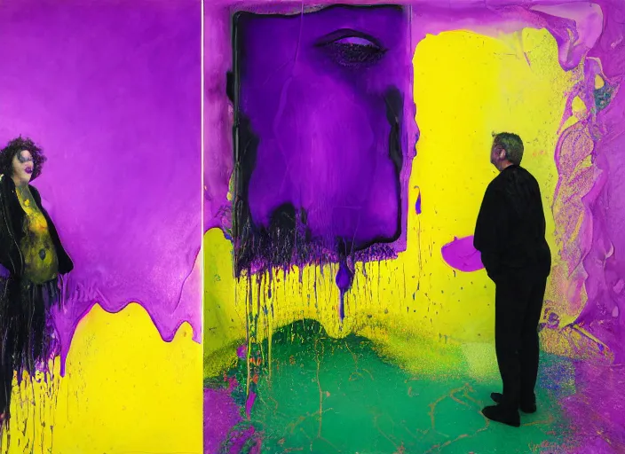 Prompt: abstract painting in purple, yellow, dark green, by hernan bas and pat steir and hilma af klint, psychological, photorealistic, dripping paint, washy brush, oil on canvas, rendered in octane, altermodern, masterpiece