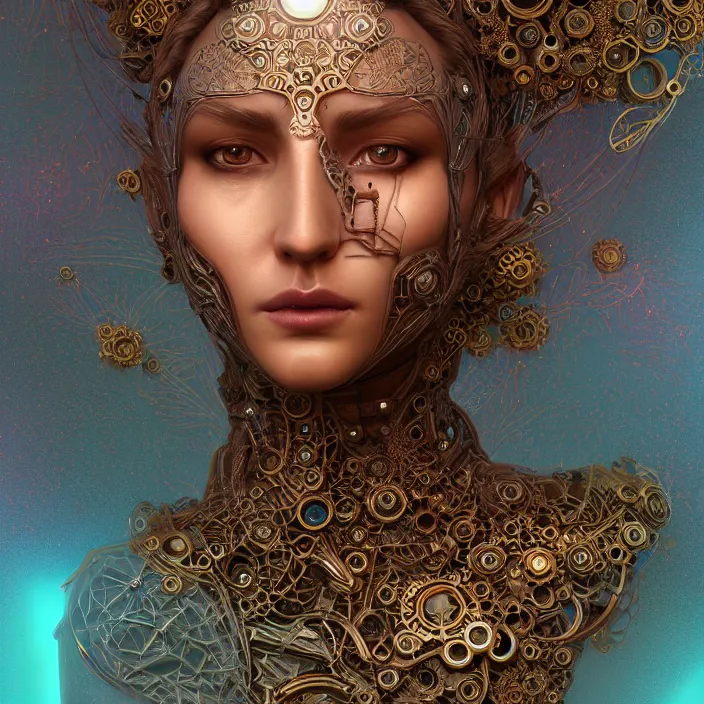 Image similar to beautiful symmetrical face portrait android woman time machine axonometric mechanical fantasy intricate elegant highly detailed in volumetric void of latent space lush flowers intricate jewellery, realm of the gods golden turquoise steampunk, axonometric high contrast cinematic light, mystical shadows, digital painting, sharp focus, octane render, photographic, concept art, artist leonardo davinci, unreal engine 8 k