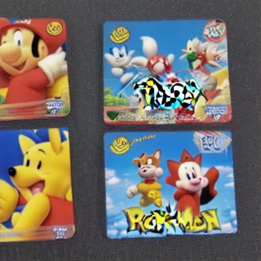 Image similar to photograph of winnie the pooh and super mario and sonic the hedgehog anime style, on pokemon card packs at target