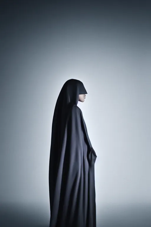 Prompt: a girl wearing long futuristic dark cloak by yohji yamamoto standing in a shadow of the moon light, sense of mystery, muted colors, simple shapes, long shot, full shot, by bill henson, by gregory crewdson, golden ratio, perfect composition, dramatic, fine detail, intricate, octane render, 8 k