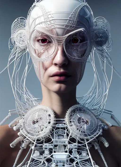 Image similar to portrait of an absurdly beautiful, graceful, sophisticated, fashionable cyberpunk mechanoid, hyperdetailed illustration by irakli nadar and alexandre ferra, intricate linework, white porcelain skin, faberge, jellyfish headdress, octane render, global illumination, bright 3 point light, detailed and intricate environment
