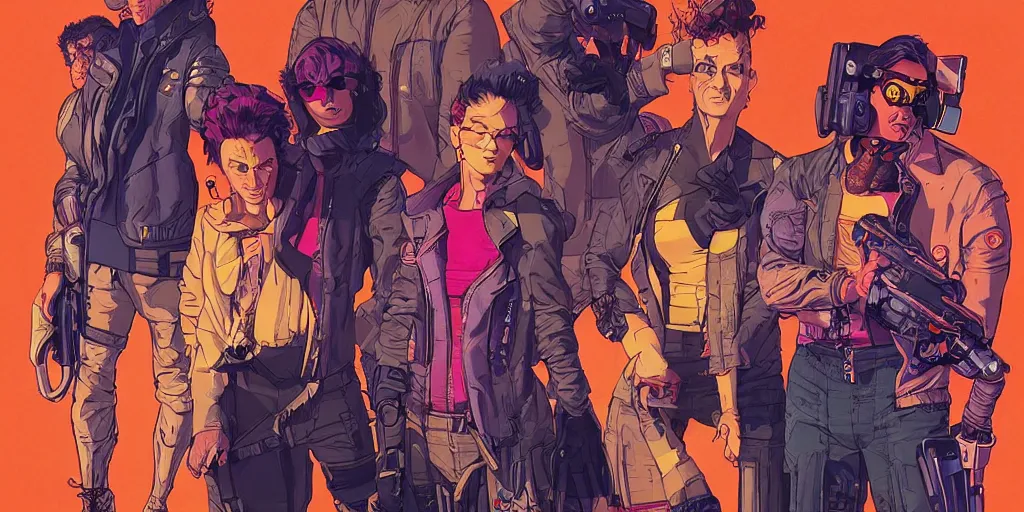 Image similar to cyberpunk heist crew. portrait by stonehouse and mœbius and will eisner and gil elvgren and pixar. character design. realistic proportions. dystopian. cyberpunk 2 0 7 7 character art, blade runner 2 0 4 9 concept art. cel shading. attractive face. thick lines. hi def 4 k. the team. detailed interesting characters. realistic expressive faces.