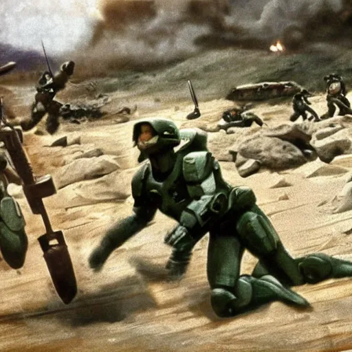 Prompt: halo game spartans in world war 2, old movie, dramatic, detailed, colorized, recolor, old movie scene, 1 9 4 0 france