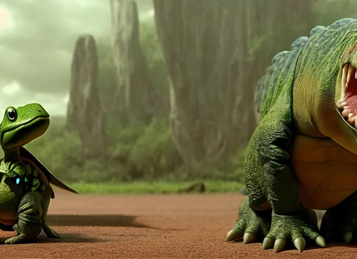 Image similar to film still of yoshi in the new sci - fi movie, cute upright dinosaur standing on its hind legs with a small turtle shell and long tongue, 8 k