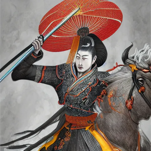 Image similar to dynamic composition, motion, ultra-detailed, incredibly detailed, a lot of details, amazing fine details and brush strokes, colorful and grayish palette, smooth, HD semirealistic anime CG concept art digital painting, watercolor oil painting of a Tang Ming dynasty chinese tao fantasy general wearing armor, from Three Kingdoms, by a Chinese artist at ArtStation, by Huang Guangjian, Fenghua Zhong, Ruan Jia, Xin Jin and Wei Chang. Realistic artwork of a Chinese videogame, gradients, gentle an harmonic grayish colors.