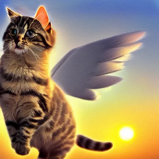 Image similar to a photograph of cute cat with wings flying towards the sunset, highly detailed, photorealistic, impressionism style