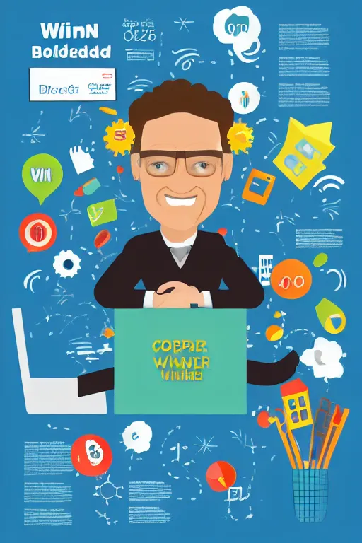 Prompt: Win 6 months Free Broadband!, corporate poster, vector, illustration, 1's and 0's, optic fibre, ecstatic office worker