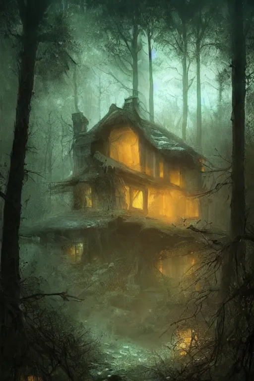 Image similar to an abandoned cottage in the forest at night, intricate, horror, dark volumetric lighting, scenery, digital painting, highly detailed, artstation, sharp focus, illustration, concept art,ruan jia, steve mccurry