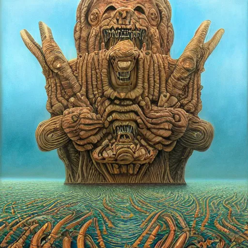 Prompt: sirens of the red sea by jacek yerka, alex gray, zdzisław beksiński, dariusz zawadzki, jeffrey smith and h.r. giger, oil on canvas, 8k highly professionally detailed, trending on artstation