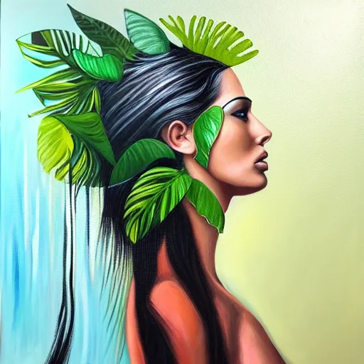 Image similar to side view portrait of beautiful woman constructed of a tropical rainforest, her hair is constructed of a waterfall, acrylic painting, art by dimitra milan.