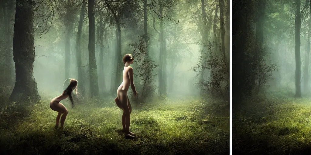 Prompt: a clearing in forest, frightened woman by johannen voss by david cronenberg by francis bacon by peter kemp by octane render blender 8 k