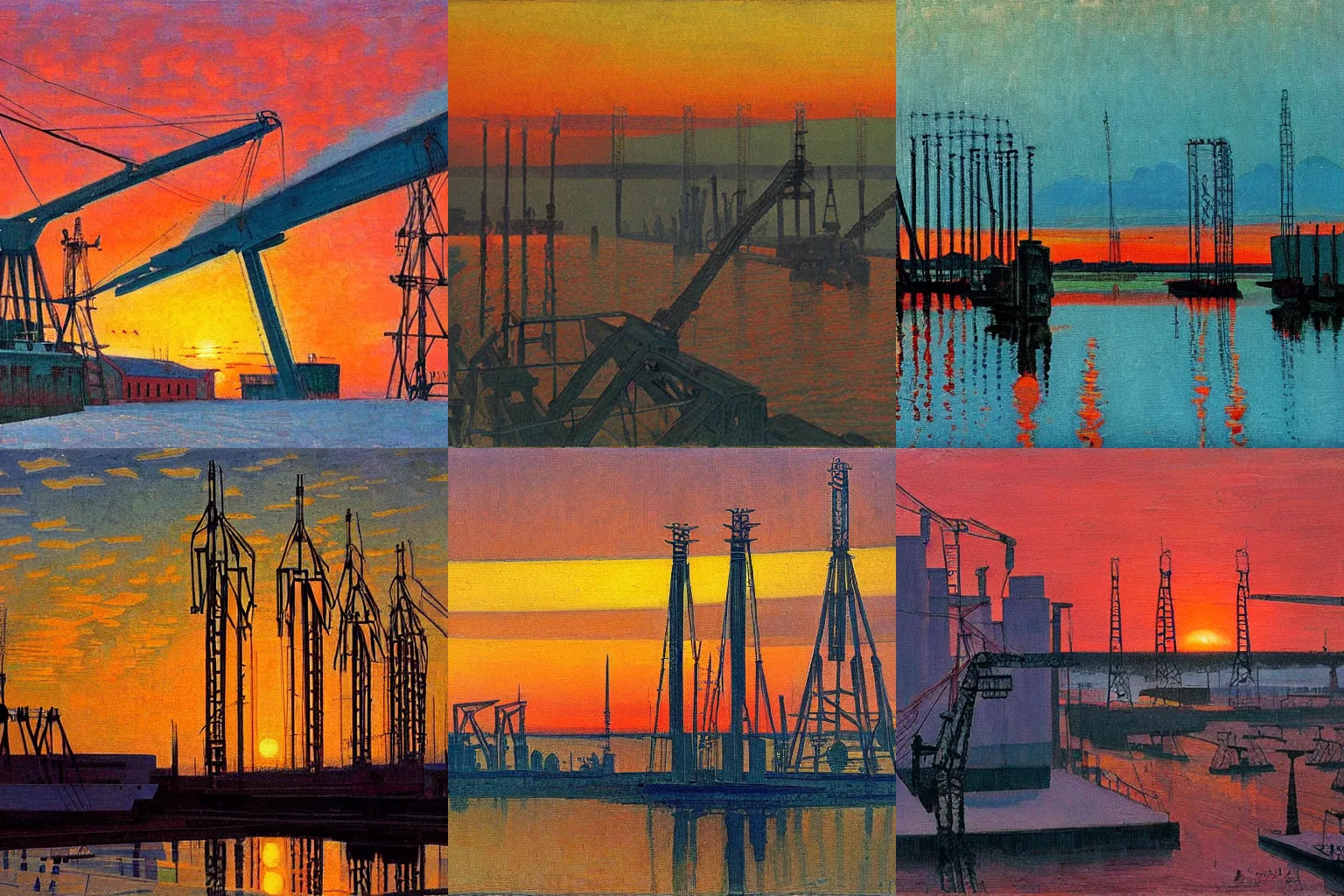 Prompt: a painting of a beautiful sunset obscured by industrial cranes by Konstantin Yuon