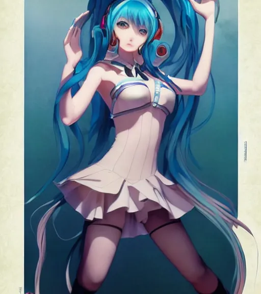 Prompt: Anime art of beautiful Hatsune miku with beautiful legs by artgerm, Greg Rutkowski, magali villeneuve, Gil Elvgren, Alberto Vargas, Earl Moran, Art Frahm, Enoch Bolles, symmetrical shoulders, blue hair, feminine figure, revealing clothes