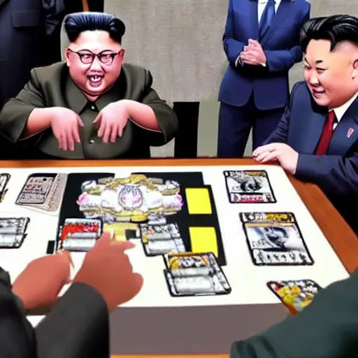 Image similar to kim jong un playing yugioh card game against donald trump, 4 k, lighthearted