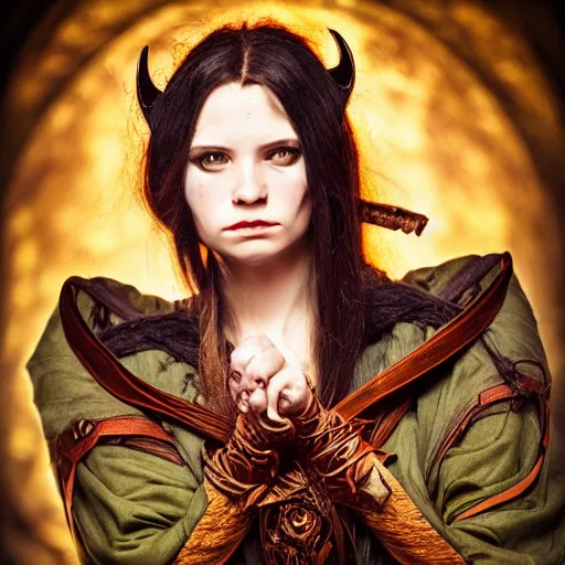 Image similar to portrait of a female human warlock ,fantasy, D&D, HDR, , natural light, medium close shot, dynamic pose, award winning photograph, Mucha style