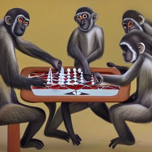 Prompt: A beautiful performance art of a group of monkeys playing backgammon. The monkeys are seated around a table, with some of them appearing to be deep in concentration while others appear to be playing more casually. by Gwenda Morgan robust