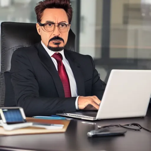 Image similar to iron man working at a corporate office