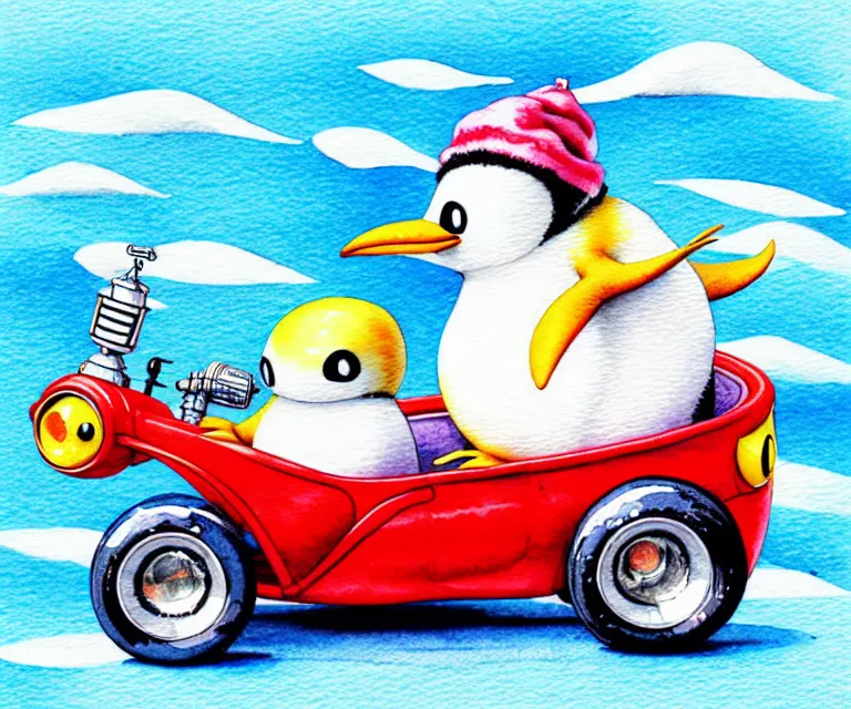 Prompt: cute and funny, penguin riding in a tiny hot rod with an oversized engine, ratfink style by ed roth, centered award winning watercolor pen illustration, isometric illustration by chihiro iwasaki, edited by range murata, tiny details by artgerm and watercolor girl, symmetrically isometrically centered, sharply focused