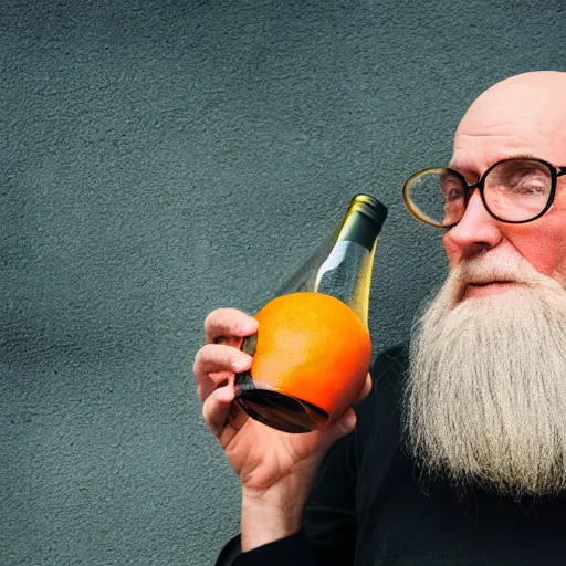 Image similar to Old bald man, with an orange beard, drinking a bottle of wine, Lonely