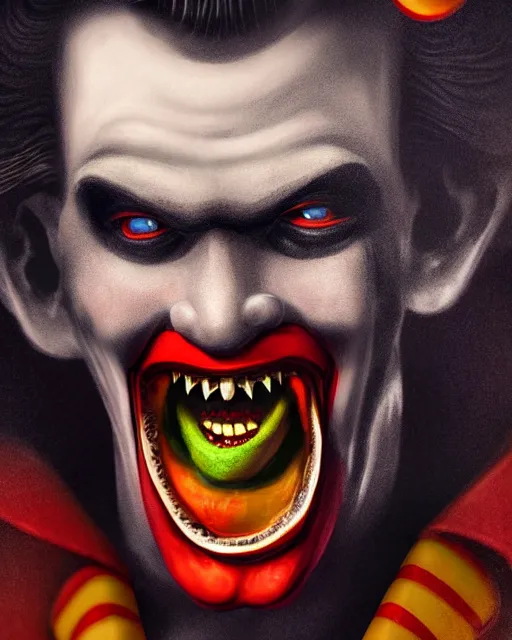 Image similar to dracula ronald mcdonald, character portrait, close up, concept art, intricate details, highly detailed, hyperrealism in the style of otto dix and h. r giger