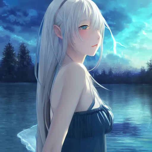 Image similar to a very beautiful anime girl, full body, long straight silver hair, sky blue eyes, full round face, short smile, casual clothes, ice snowy lake setting, cinematic lightning, medium shot, mid-shot, highly detailed, trending on Artstation, Unreal Engine 4k, cinematic wallpaper by Stanley Artgerm Lau, WLOP, Rossdraws, James Jean, Andrei Riabovitchev, Marc Simonetti, and Sakimichan