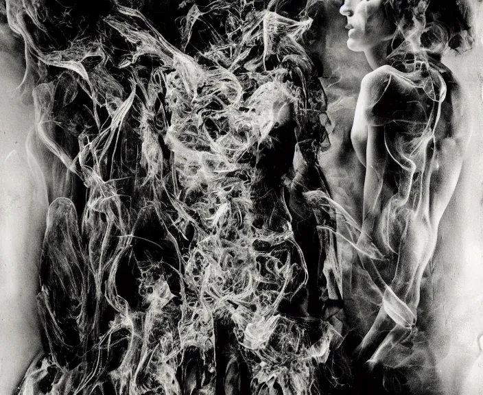 Prompt: mysterious scene of human transformation. expressionistic 35mm double-exposure photo, slightly erotic, german expressionism, deep shadows, slightly colorful, photorealistic, detailed smoke, natural bones and skin, natural textures, sensual, depth of field, ambient occlusion, motion blur, HD, masterpiece, volumetric, chromatic aberration by Richard Avedon, style of Ade Santora, perfect composition, masterpiece, intricate detailed