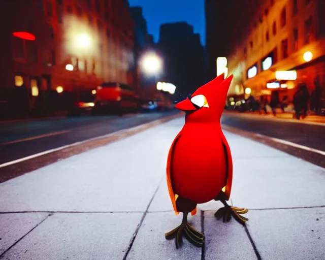 Image similar to photo of iowa state university mascot cy the cardinal wandering the streets of nyc at night, cinestill 8 0 0 t film