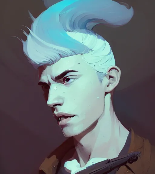 Image similar to portrait of a young man, raised on the island, white hair, face tatooes by atey ghailan, by greg rutkowski, by greg tocchini, by james gilleard, by joe fenton, by kaethe butcher, dynamic lighting, gradient light blue, brown, blonde cream and white color scheme, grunge aesthetic