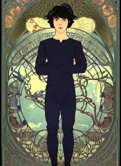 Image similar to handsome young man with short black hair, male, dressed in blue, half body shot, arms folded, path traced, highly detailed, high quality, digital painting, by studio ghibli and alphonse mucha, leesha hannigan, hidari, art nouveau, chiho aoshima, posuka demizu, atey ghailan, artgerm, ayami kojima