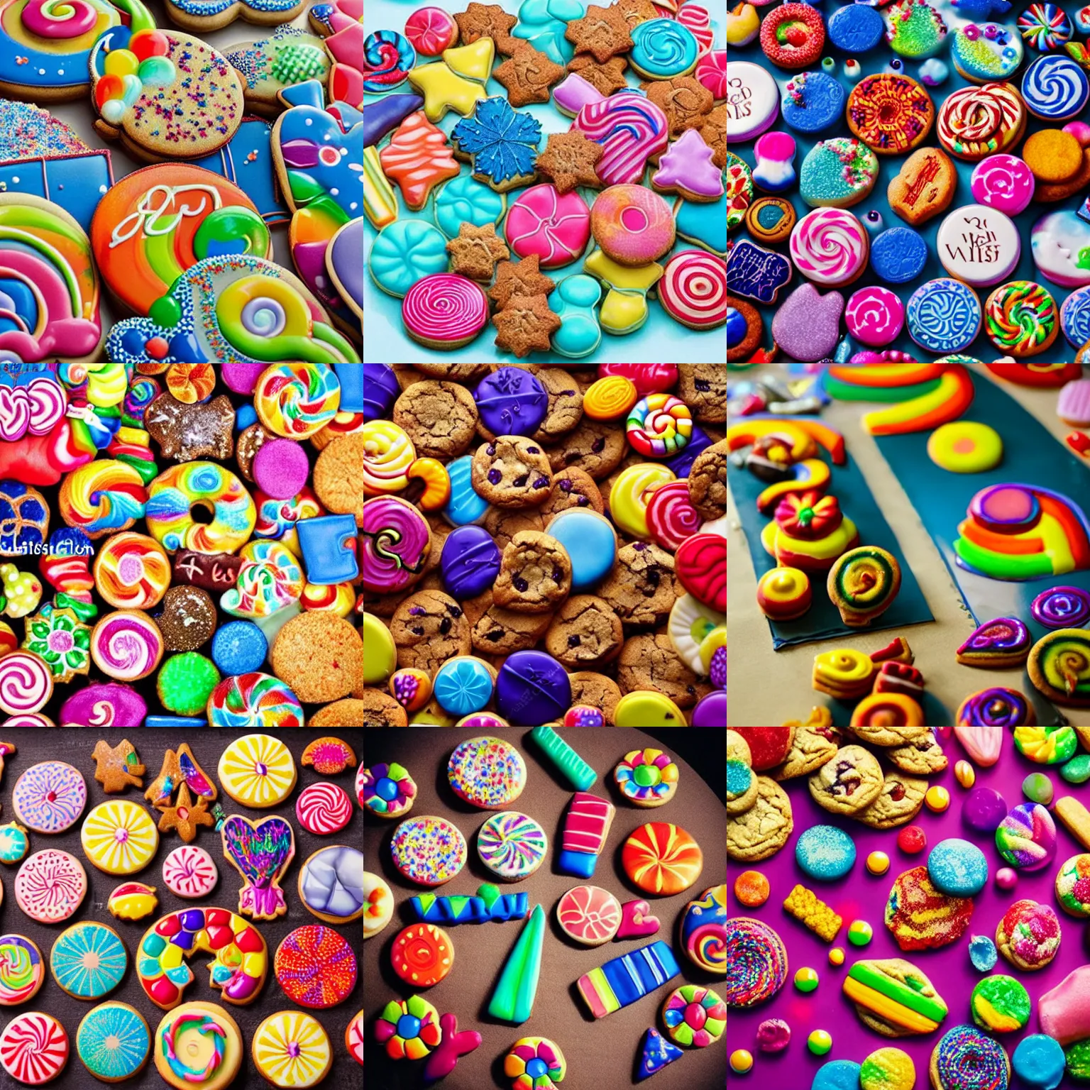 Prompt: The world of sweets is magic, the magic is in the details, where the magic comes from, the details are intricate. One of the world's most vibrant colors. There are cookies and jelly time, and snacks