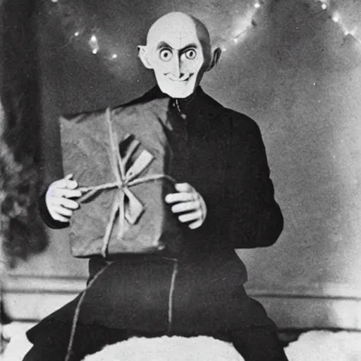 Image similar to count orlok sitting cross - legged by the christmas tree, excitedly opening presents, photograph