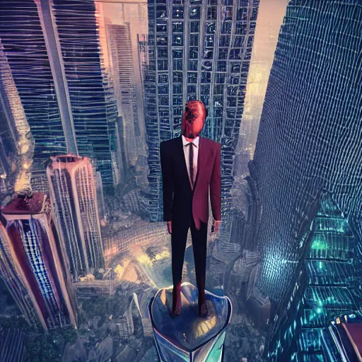 Prompt: digital art, trending on artstation, men in suits hanging from skyscrapers at Coachella outside of futuristic mega city set in 2064, hyper realistic illustration, vintage, Orwellian, dystopian, sponsored by Amazon, 8k, Octane render