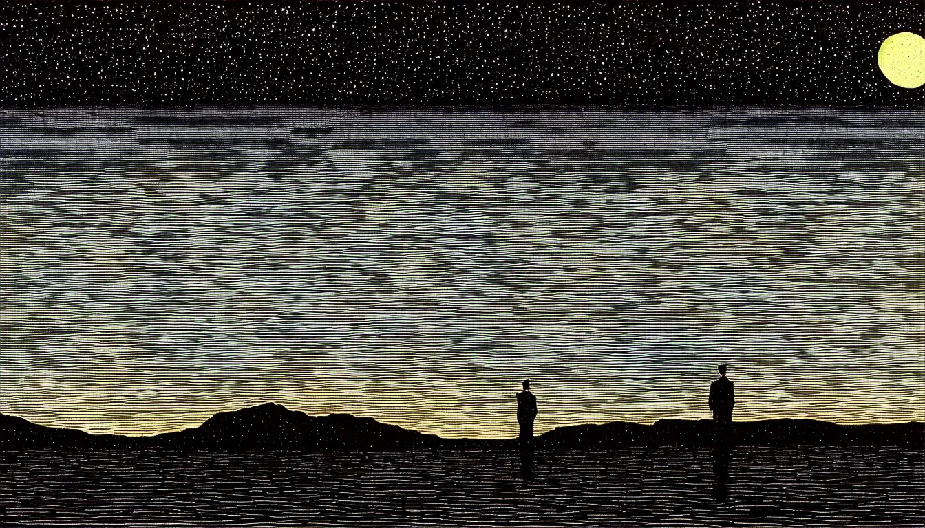 Image similar to standing in a lake viewing reflection of the night sky by dan mumford and peter doig and edward hopper, symmetrical, minimal, black ink, thick lines highly detailed, muted colours 8 k