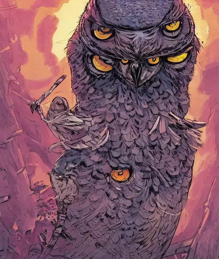 Prompt: graphic novel about grumpy owl assasin, colourful, by arthur adams and greg rutkowski