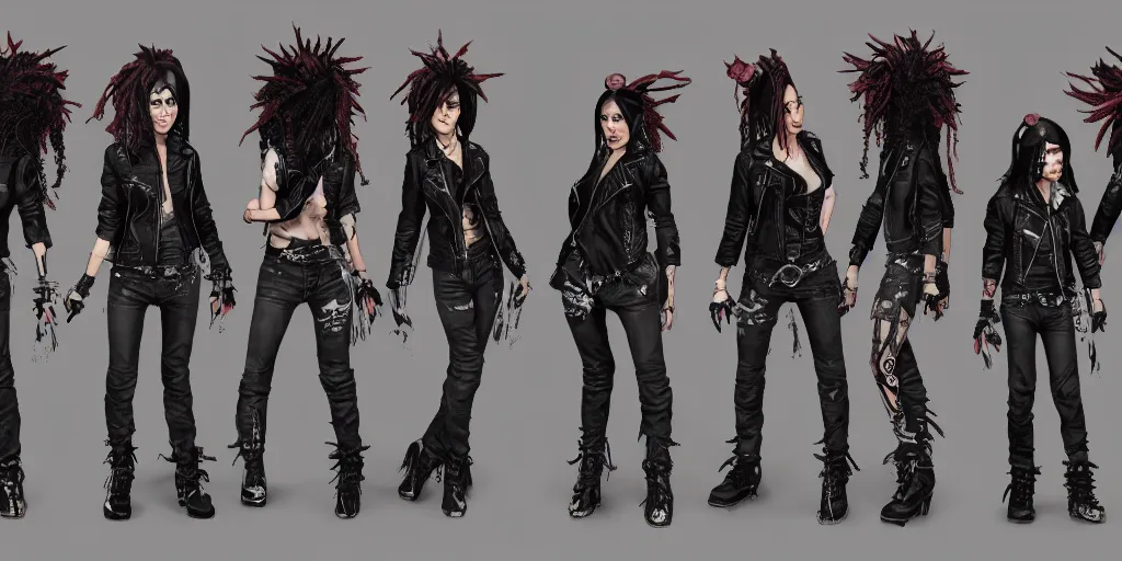 Prompt: gina is a punk rocker, character sheet, concept design, contrast, hot toys, kim jung gi, greg rutkowski, zabrocki, karlkka, jayison devadas, trending on artstation, 8 k, ultra wide angle, pincushion lens effect