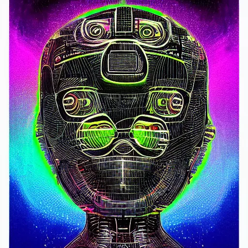 Prompt: black tshirt with a hyperdetailed portrait of a futuristic trippy cute robot head, 8 k, symetrical, flourescent colors, halluzinogenic, multicolored tshirt art,