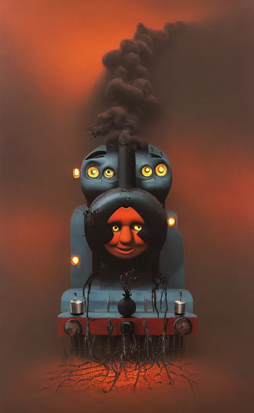 Image similar to thomas the tank engine in style of zdzisław beksinski, extremely dramatic lighting, 8 k, tendrils, black, darkness, black slime tendrils, infected, rust, body horror, thomas the train, thomas the tank engine face, horror,