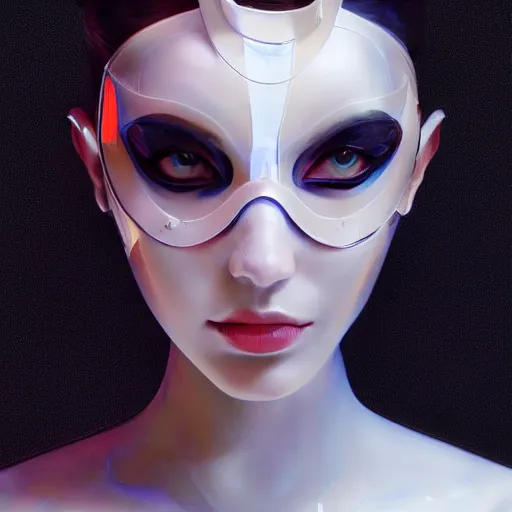 Image similar to A masterpiece portrait of a Incredibly beautiful futuristic latex fashion model girl with mask. With . Vogue. trending on artstation, digital art, by Stanley Artgerm Lau, WLOP, Rossdraws, James Jean, Andrei Riabovitchev, Marc Simonetti, Yoshitaka Amano