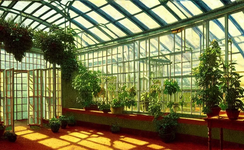 Prompt: an achingly beautiful print of the interior of a victorian greenhouse, and one small potted plant by Raphael, Hopper, and Rene Magritte. detailed, romantic, enchanting, trending on artstation.